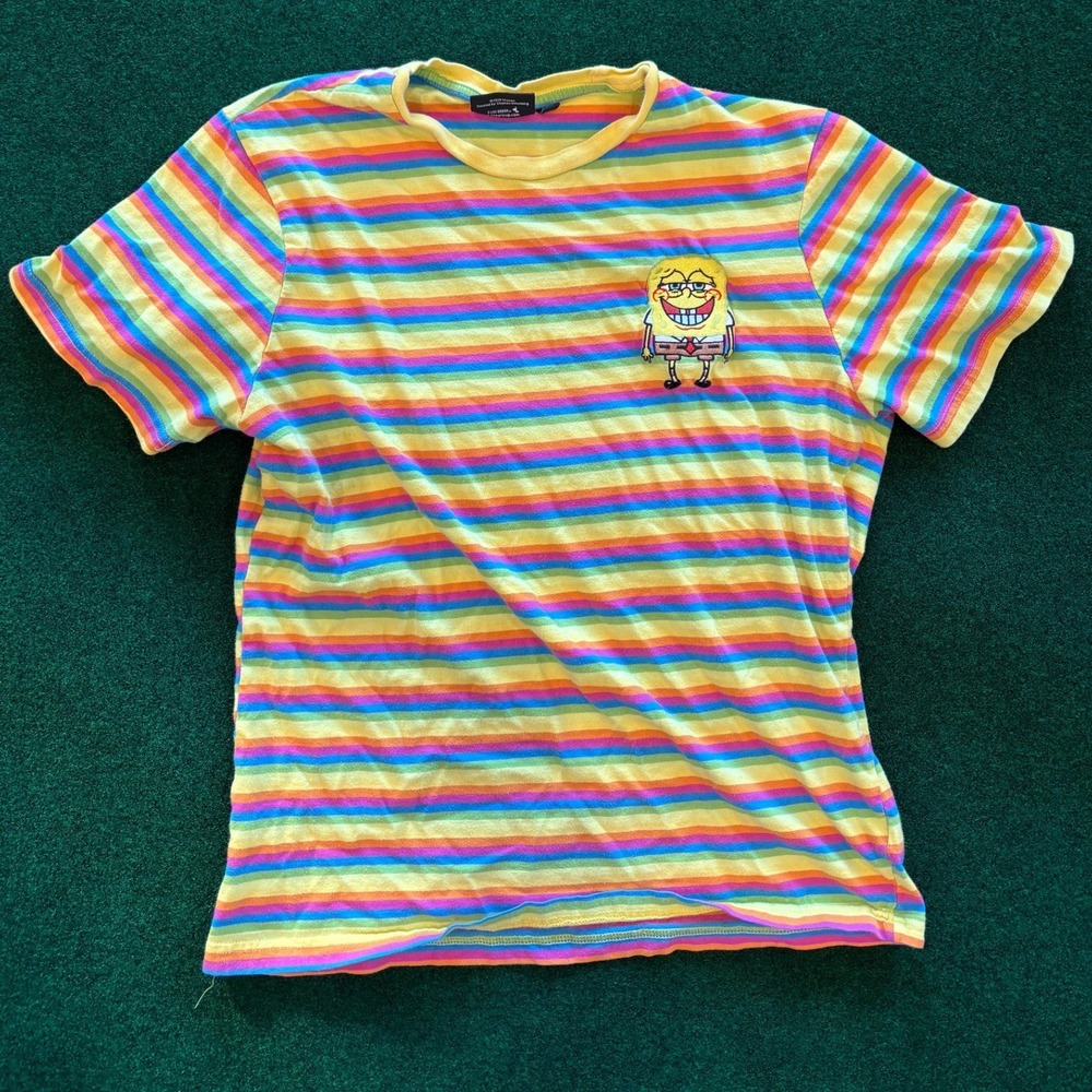 SpongeBob SquarePants Rainbow Striped Mock Neck T-Shirt Graphic Tee L